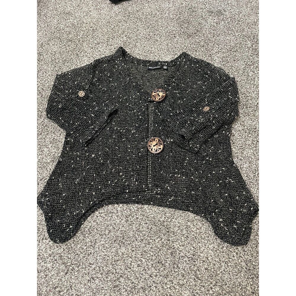 Nina Leonard black and white speckled open-knit mesh cardigan blouse L